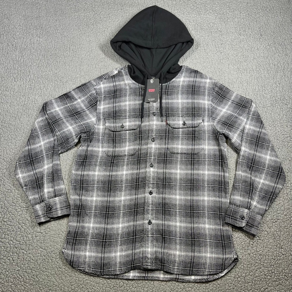 Levi's The Worker Hooded Flannel Shirt Men M Relaxed Fit Plaid Black White New
